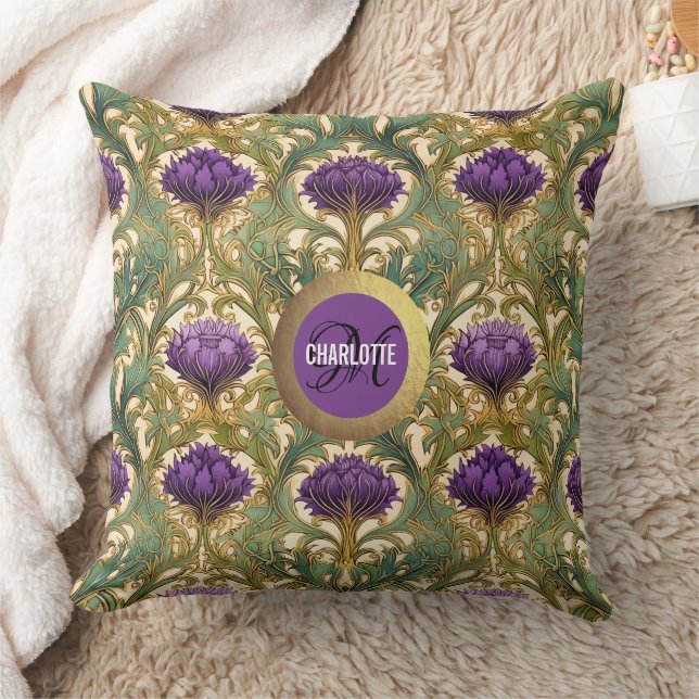 Art Nouveau purple gold thistle monogram name Cushion (Blanket)