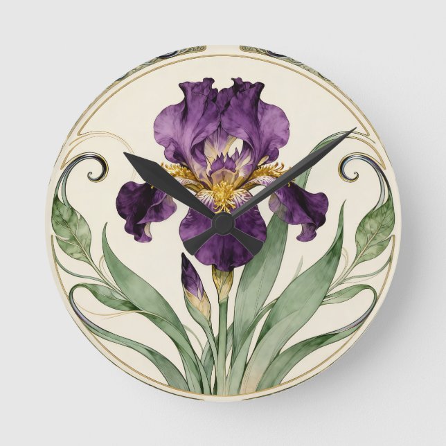 Art Nouveau Purple Iris Round Clock (Front)