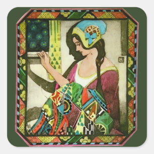 Art Nouveau Quilter Poster – Vintage Sewing Woman Square Sticker