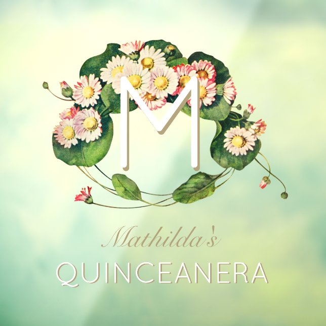 Art Nouveau Quinceanera Daisies Monogram 15 Years Window Cling (Sheet 3)