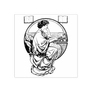 Art Nouveau Reading Books Rubber Stamp