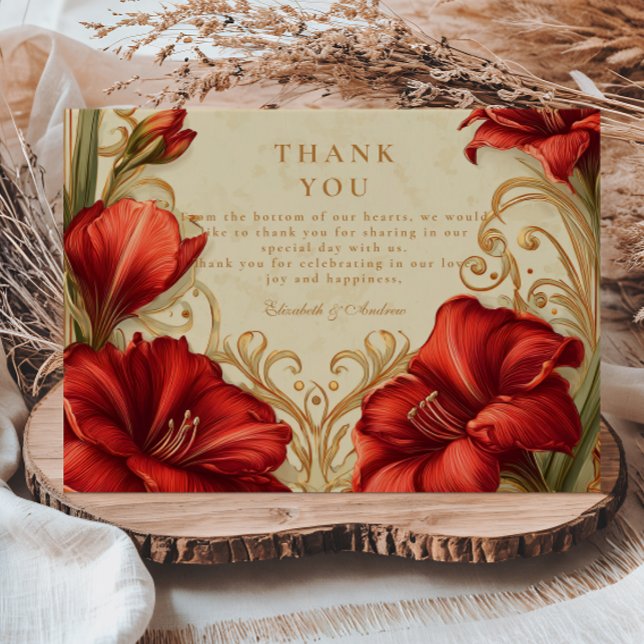 Art Nouveau Red Amaryllis Wedding Thank You Card (Creator Uploaded)