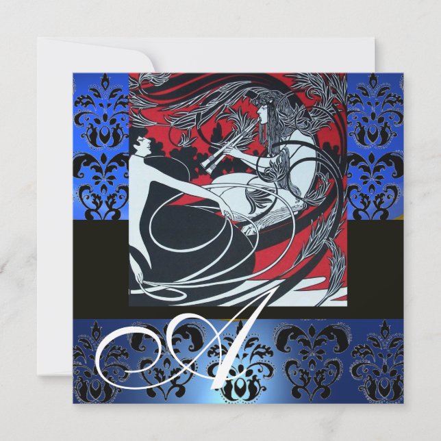 ART NOUVEAU RED BLACK BLUE WHITE DAMASK MONOGRAM INVITATION (Front)