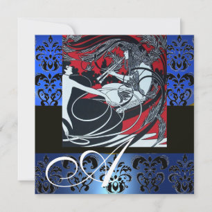 ART NOUVEAU RED BLACK BLUE WHITE DAMASK MONOGRAM INVITATION