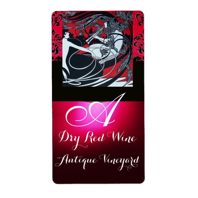 ART NOUVEAU RED BLACK DAMASK MONOGRAM WINE BOTTLE (Front)
