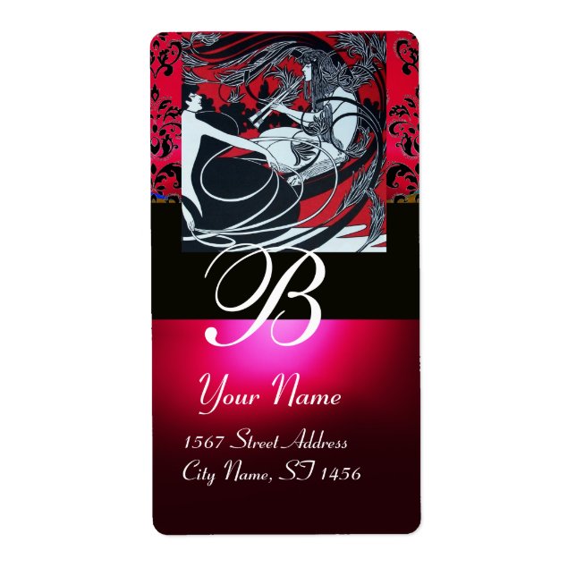 ART NOUVEAU RED BLACK GOLD DAMASK MONOGRAM ,ruby (Front)