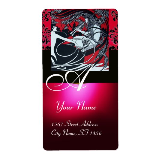 ART NOUVEAU RED BLACK GOLD DAMASK MONOGRAM ,ruby Shipping Label