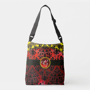 ART NOUVEAU RED BLACK GOLD DAMASK RUBY MONOGRAM CROSSBODY BAG
