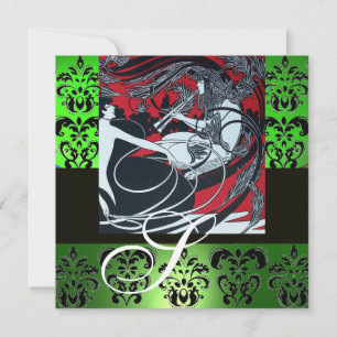 ART NOUVEAU RED BLACK GREEN WHITE DAMASK MONOGRAM INVITATION