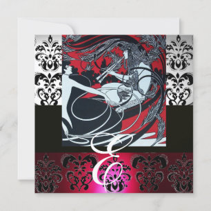 ART NOUVEAU RED BLACK GREY SILVER DAMASK MONOGRAM INVITATION