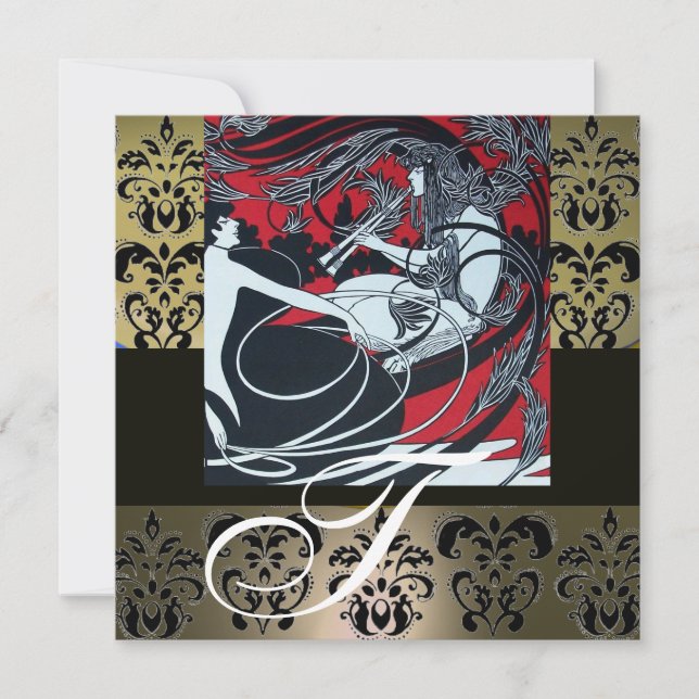 ART NOUVEAU RED BLACK GREY WHITE DAMASK MONOGRAM INVITATION (Front)