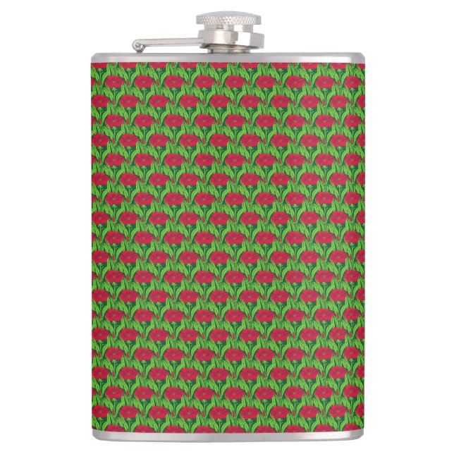 Art Nouveau red Carnations floral damask Hip Flask (Front)