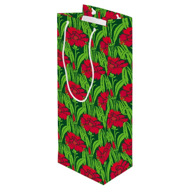 Art Nouveau red Carnations floral damask Wine Gift Bag (Back Angled)