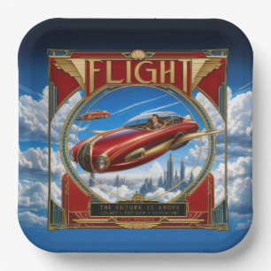 Art Nouveau Red Flying Car Paper Plate