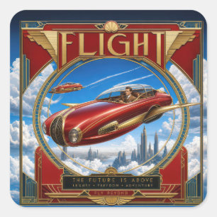 Art Nouveau Red Flying Car Square Sticker