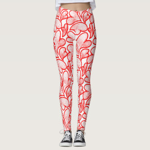 Art Nouveau Red Hearts Foliage Leggings