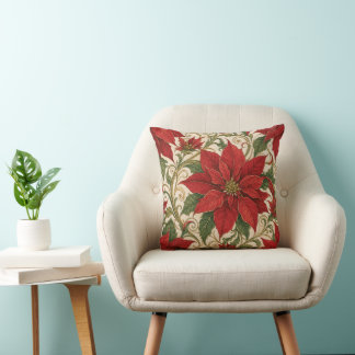 Art Nouveau Red Poinsettia Christmas Decorative Cushion