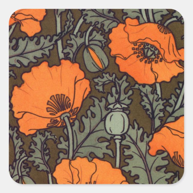 Art Nouveau Red Poppies Square Sticker (Front)
