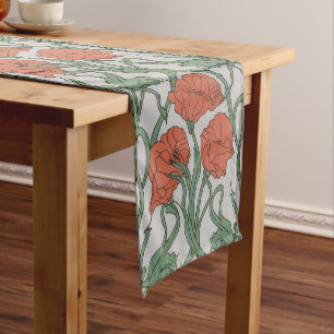 Art Nouveau Red Poppy Floral Print Short Table Runner