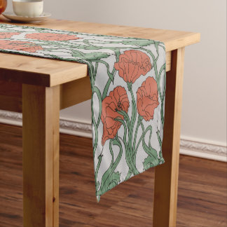 Art Nouveau Red Poppy Floral Print Short Table Runner