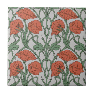 Art Nouveau Red Poppy Floral Print Tile