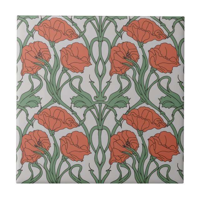 Art Nouveau Red Poppy Floral Print Tile (Front)