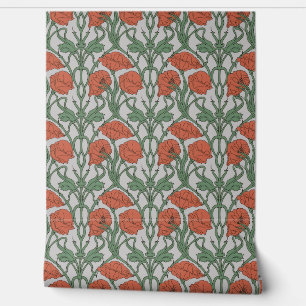 Art Nouveau Red Poppy Floral Print Wallpaper