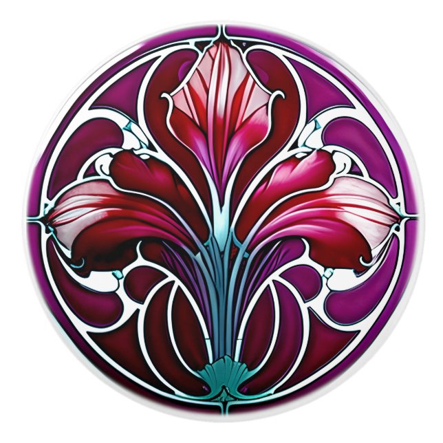 Art Nouveau Red Purple Stylised Lily 2 Ceramic Knob (Front)
