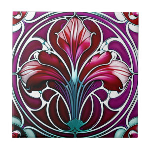 Art Nouveau Red Purple Stylized Lily 2 Tile