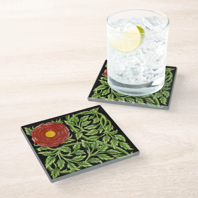 Art Nouveau Red Rose De Morgan  Glass Coaster (Angled)