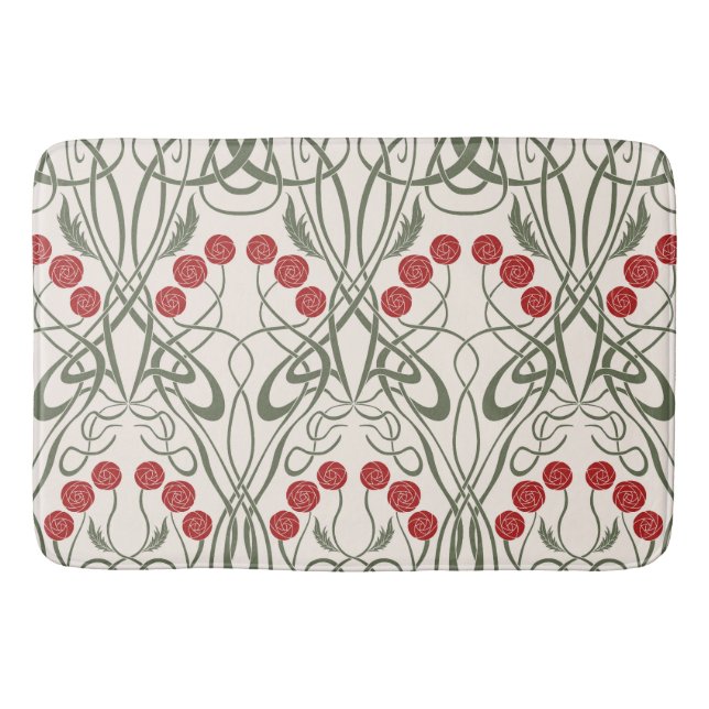 Art Nouveau Red Roses and Sinuous Stems Bath Mat (Front)