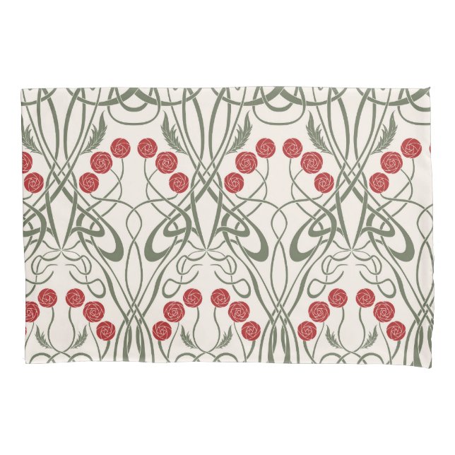 Art Nouveau Red Roses and Sinuous Stems Pillowcase (Front-Left)