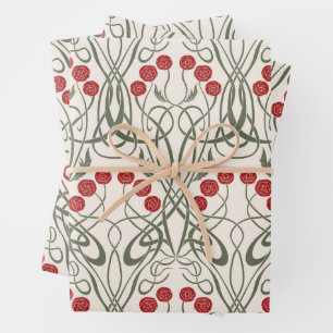 Art Nouveau Red Roses and Sinuous Stems Wrapping Paper Sheet