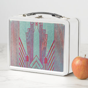 Art nouveau, red, teal, green,vintage,art deco,ele metal lunch box
