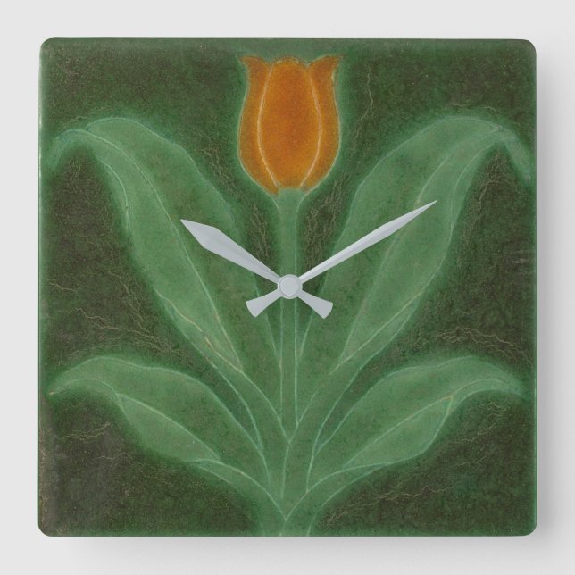 Art Nouveau Reproduction Orange Tulip on Green   Square Wall Clock (Front)