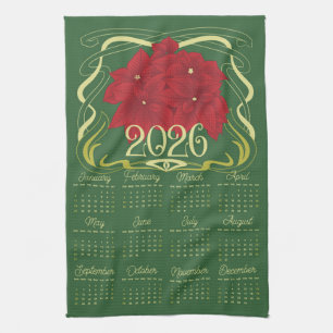 Art Nouveau Retro Floral Poinsettia 2026 Calendar Tea Towel