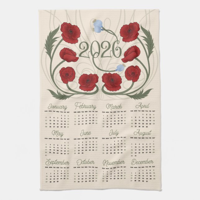 Art Nouveau Retro Floral Red Poppy 2026 Calendar Tea Towel (Vertical)
