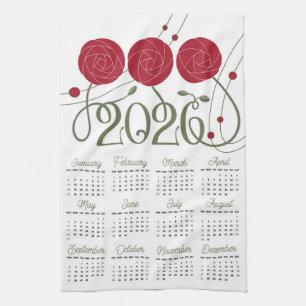 Art Nouveau Retro Floral Red Rose 2026 Calendar Tea Towel