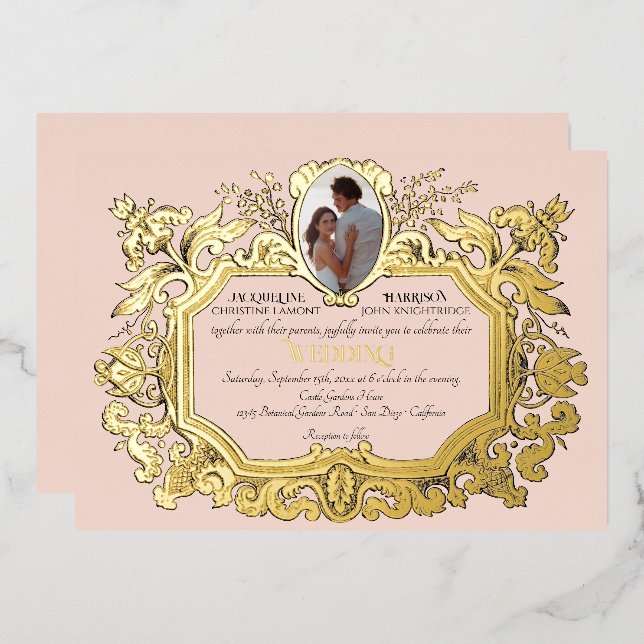 Art Nouveau Rococo Elegant Photo Pink Wedding (Front/Back)