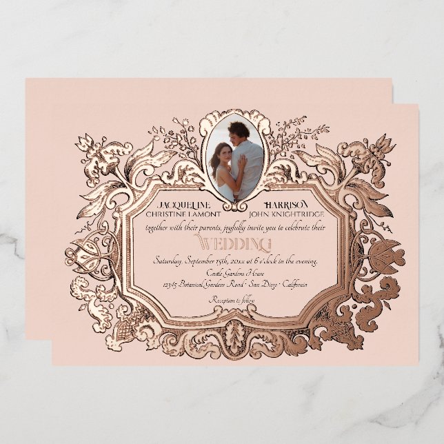 Art Nouveau Rococo Elegant Photo Rose Gold Wedding (Front/Back)