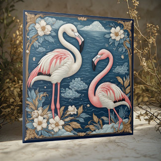 Art Nouveau Romantic Flamingo Couple Floral Motifs Tile