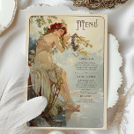 Art Nouveau Romantic Grapevine Wedding Menu Card<br><div class="desc">This enchanting Art Nouveau wedding menu card features a serene, romantic scene of a woman adorned with a grapevine crown, leaning gracefully by a tranquil water's edge. With a soft, natural palette of sage greens, warm beiges, and gentle blues, this design embodies the elegance and charm of the Art Nouveau...</div>
