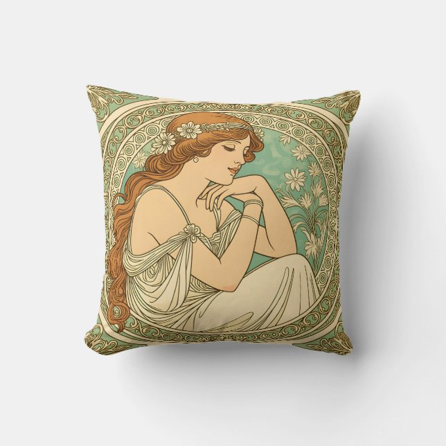 Art nouveau romantic illustration white flowers cushion (Front)