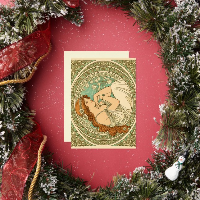 Art nouveau romantic illustration white flowers foil holiday card (Insitu)