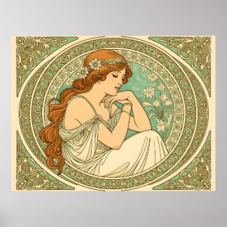 Art nouveau romantic illustration white flowers poster