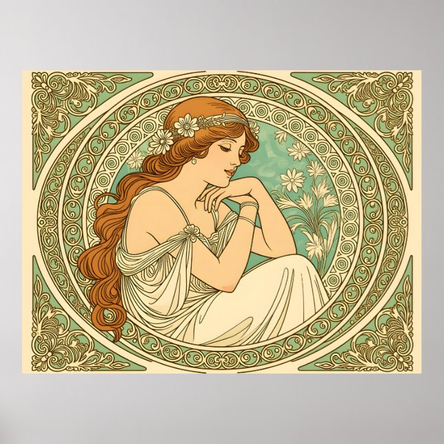 Art nouveau romantic illustration white flowers poster (Front)