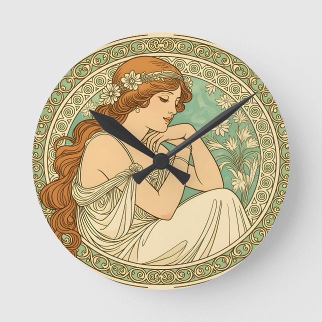 Art nouveau romantic illustration white flowers round clock (Front)