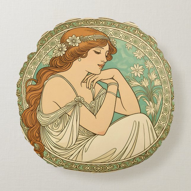 Art nouveau romantic illustration white flowers round cushion (Front)