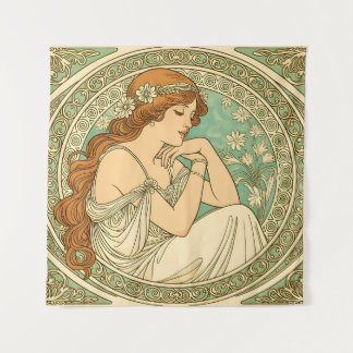 Art nouveau romantic illustration white flowers tapestry