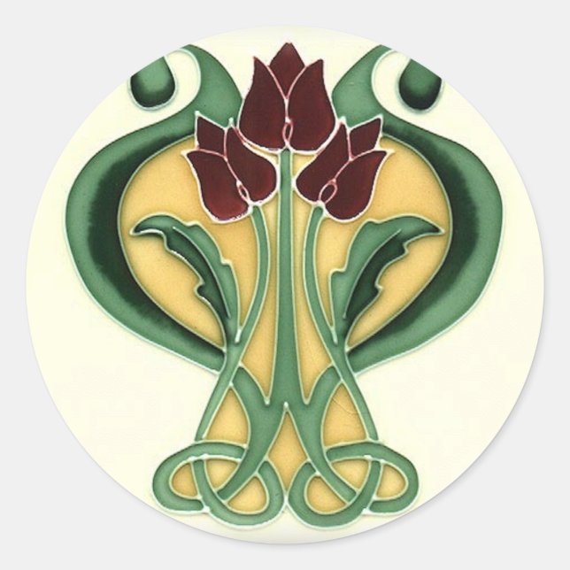 Art Nouveau Rose Tile Classic Round Sticker (Front)